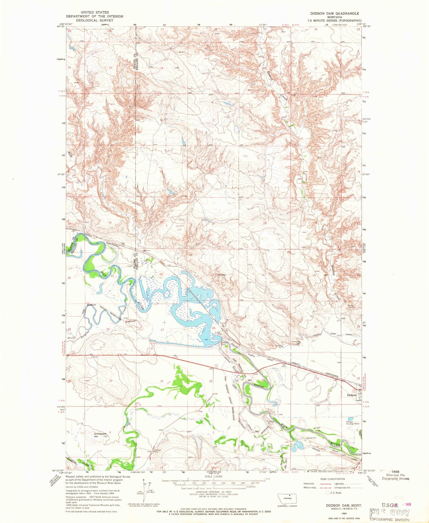 Classic USGS Dodson Dam Montana 7.5'x7.5' Topo Map Image