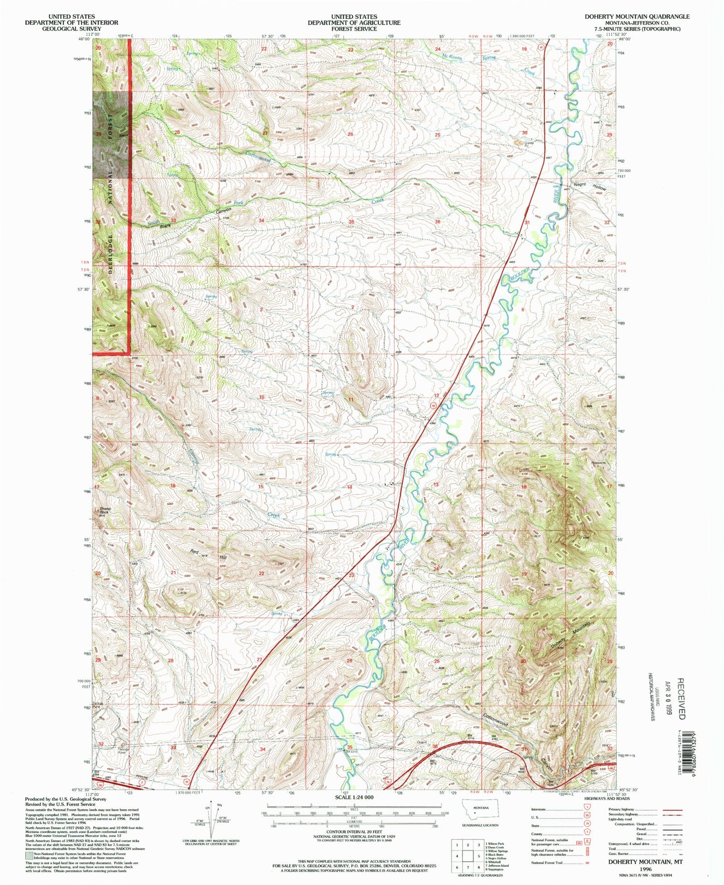 Classic USGS Doherty Mountain Montana 7.5'x7.5' Topo Map Image