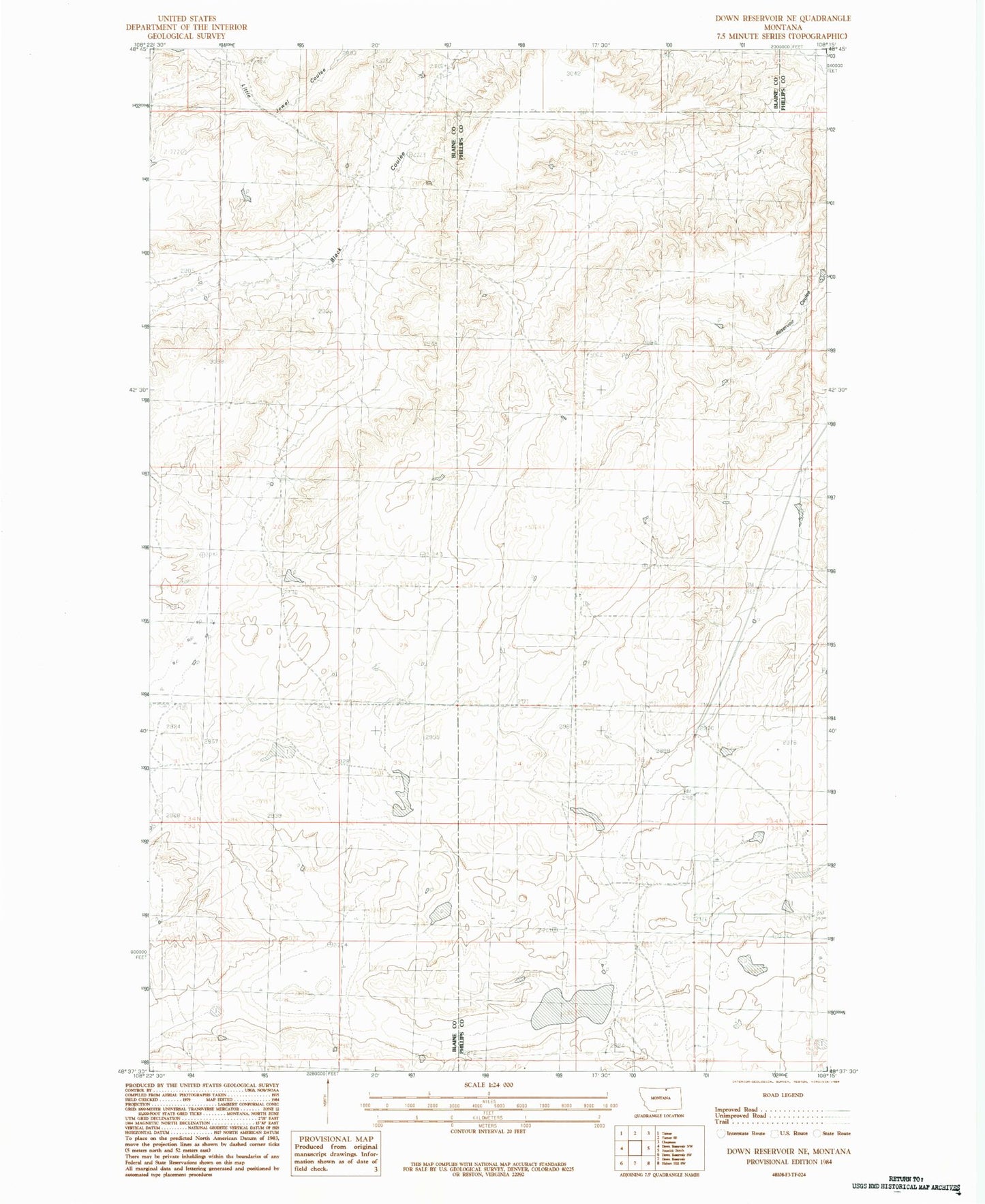 Classic USGS Down Reservoir NE Montana 7.5'x7.5' Topo Map Image