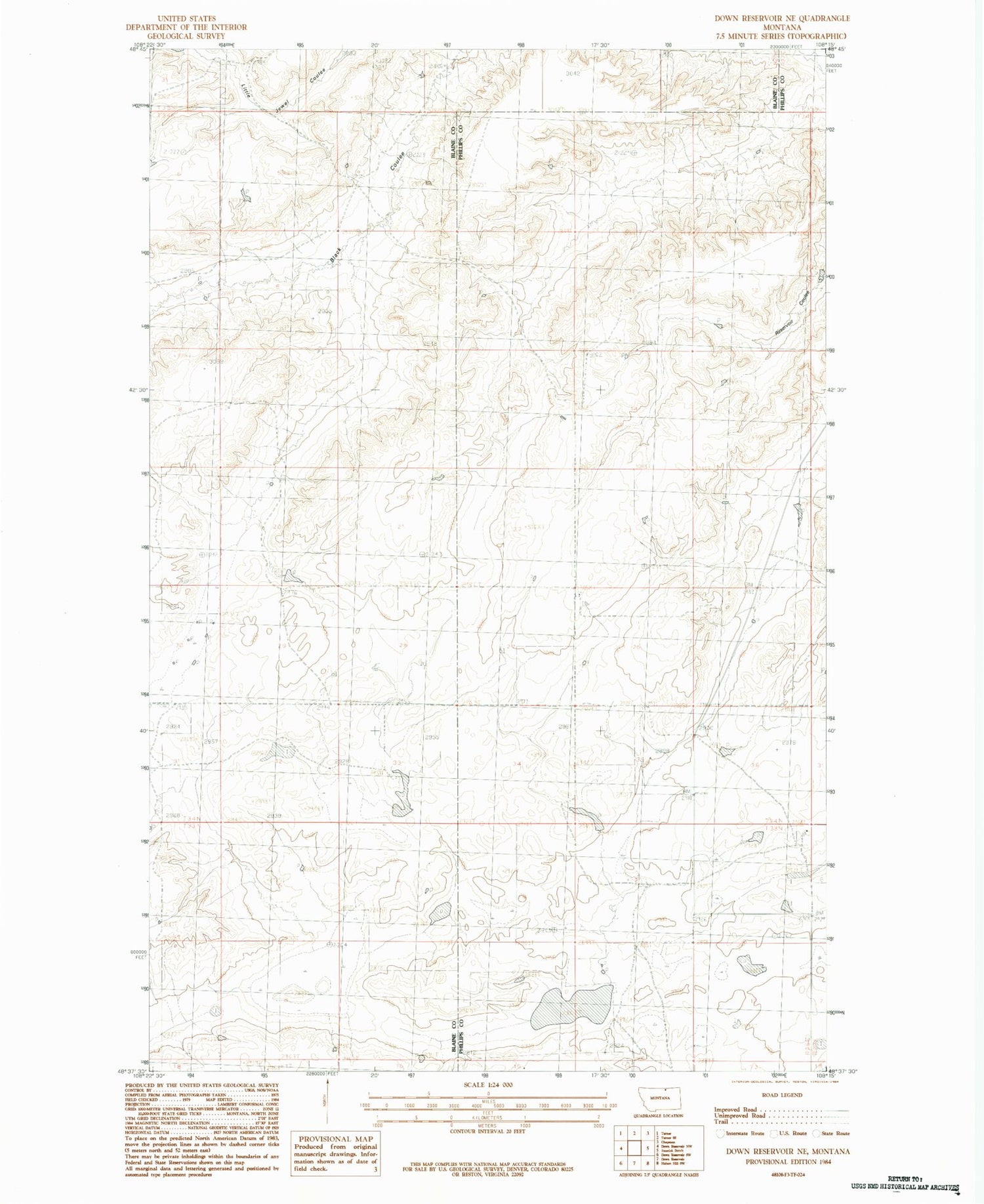 Classic USGS Down Reservoir NE Montana 7.5'x7.5' Topo Map Image