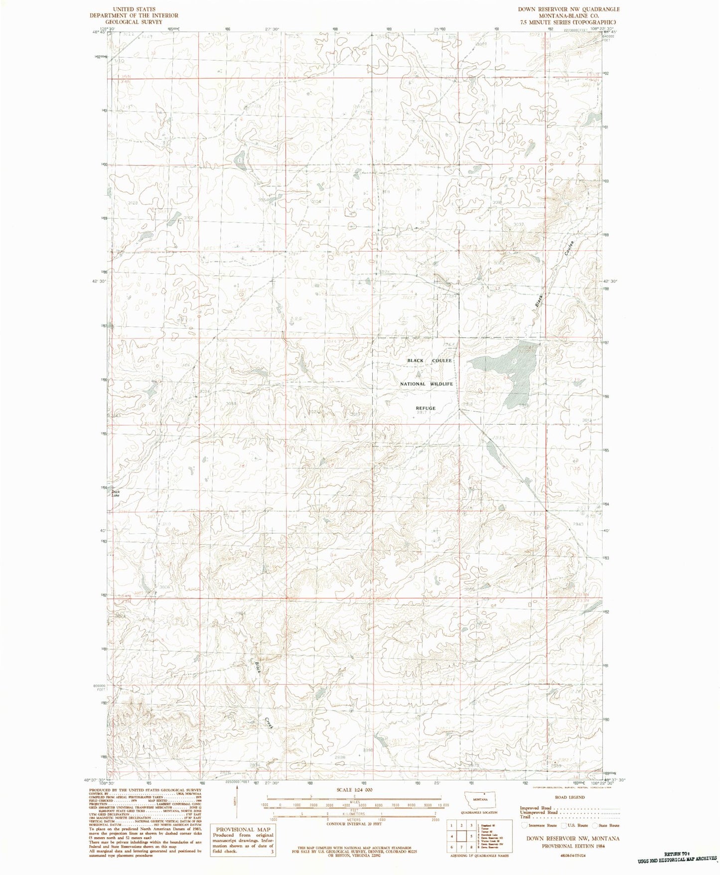 Classic USGS Down Reservoir NW Montana 7.5'x7.5' Topo Map Image