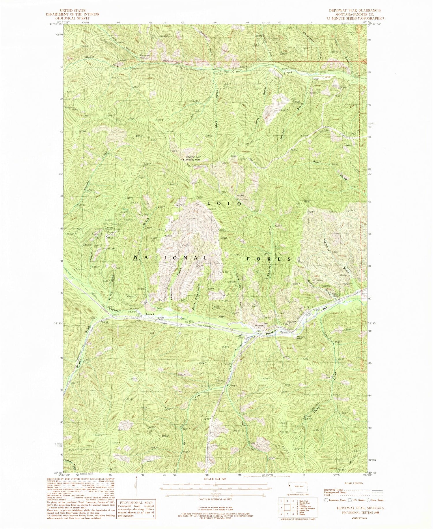 Classic USGS Driveway Peak Montana 7.5'x7.5' Topo Map Image