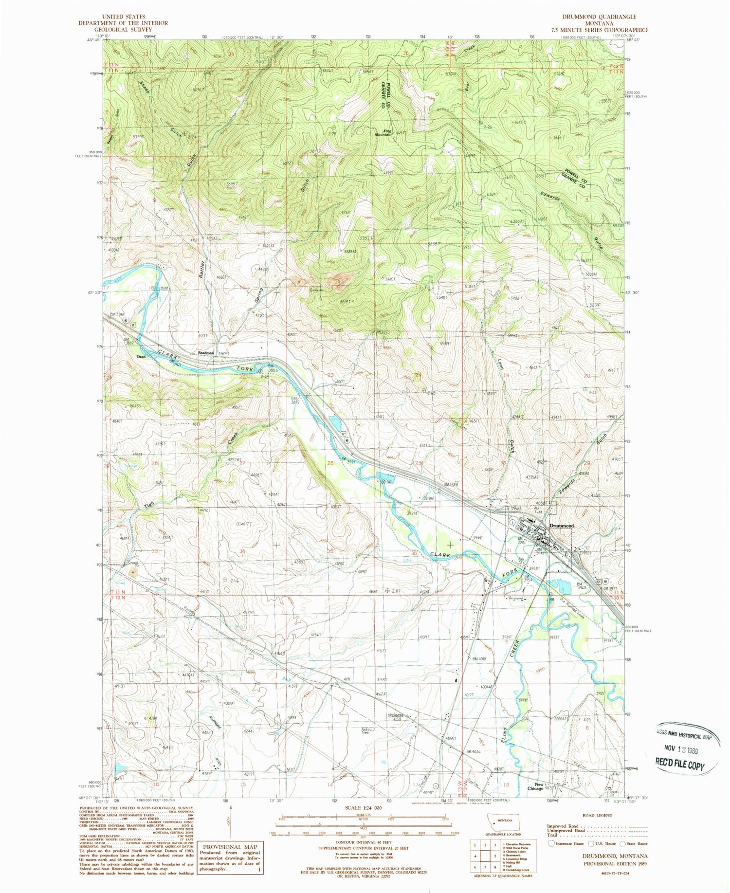 Classic USGS Drummond Montana 7.5'x7.5' Topo Map Image
