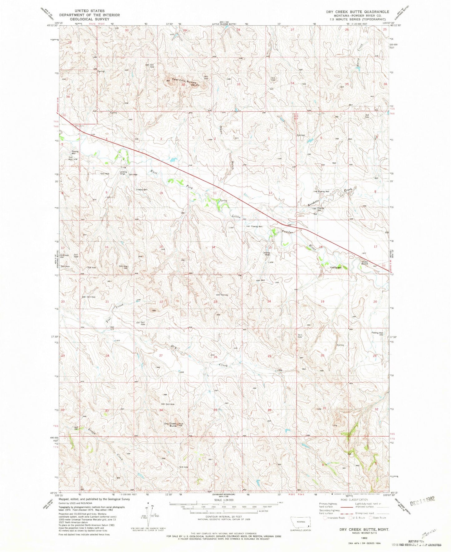 Classic USGS Dry Creek Butte Montana 7.5'x7.5' Topo Map Image