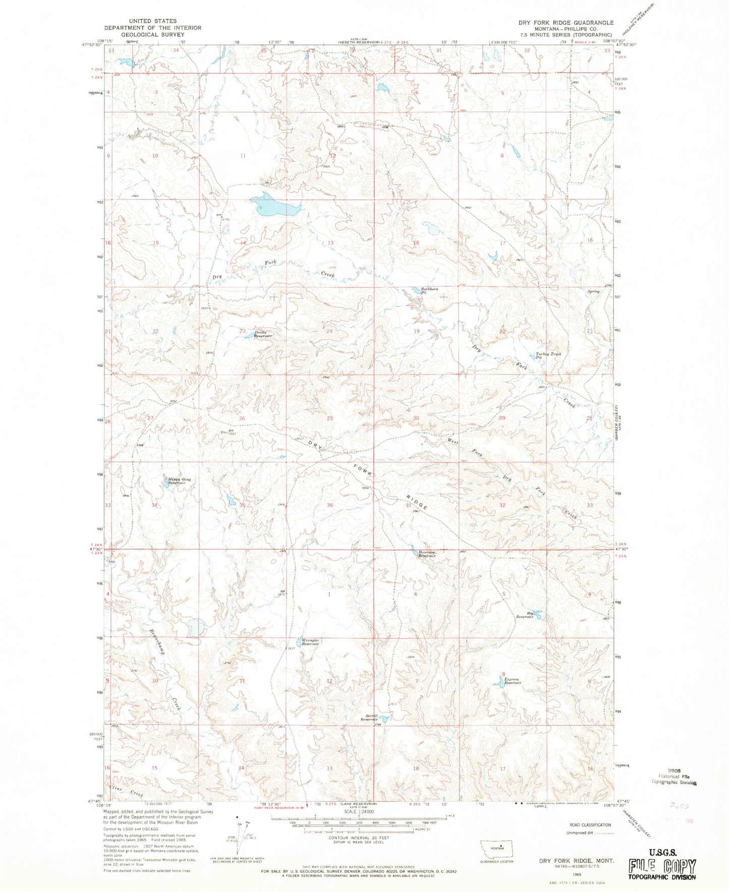 Classic USGS Dry Fork Ridge Montana 7.5'x7.5' Topo Map Image