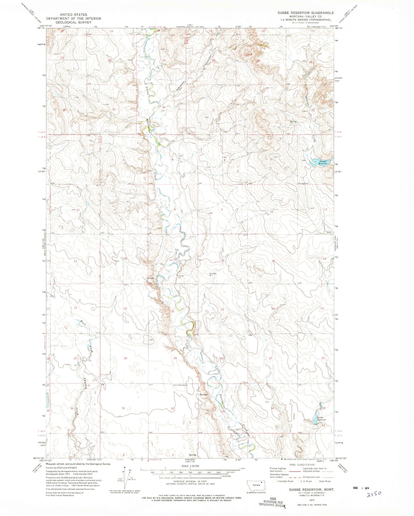 Classic USGS Dubbe Reservoir Montana 7.5'x7.5' Topo Map Image