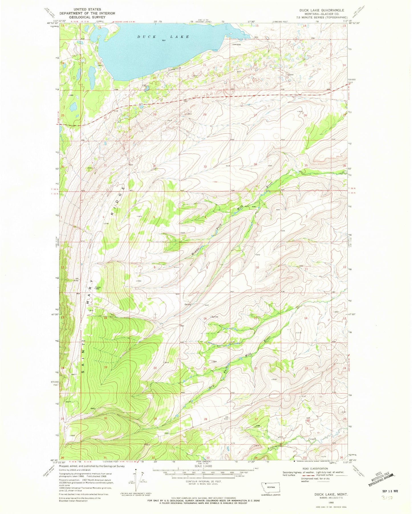 Classic USGS Duck Lake Montana 7.5'x7.5' Topo Map Image