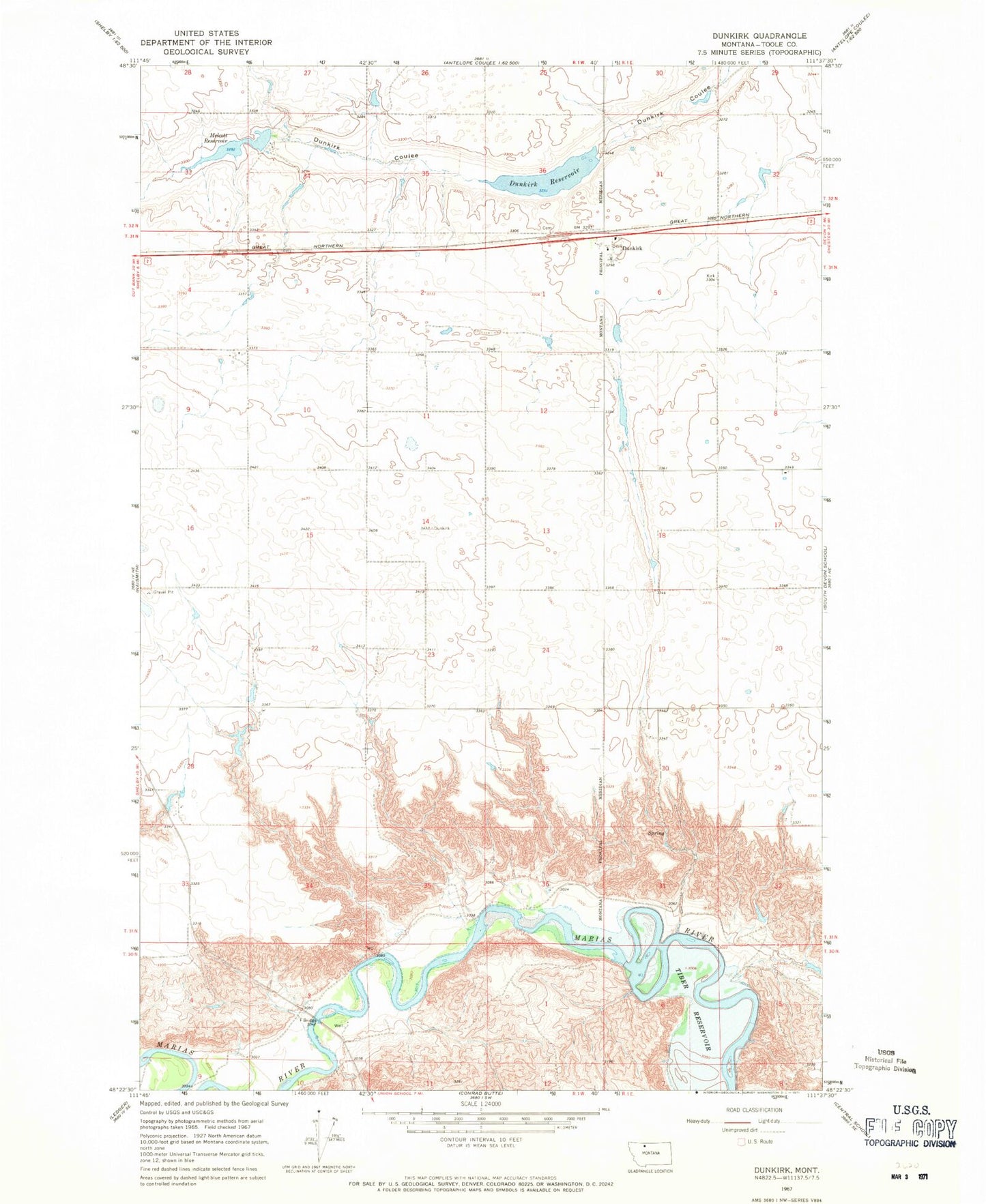 Classic USGS Dunkirk Montana 7.5'x7.5' Topo Map Image