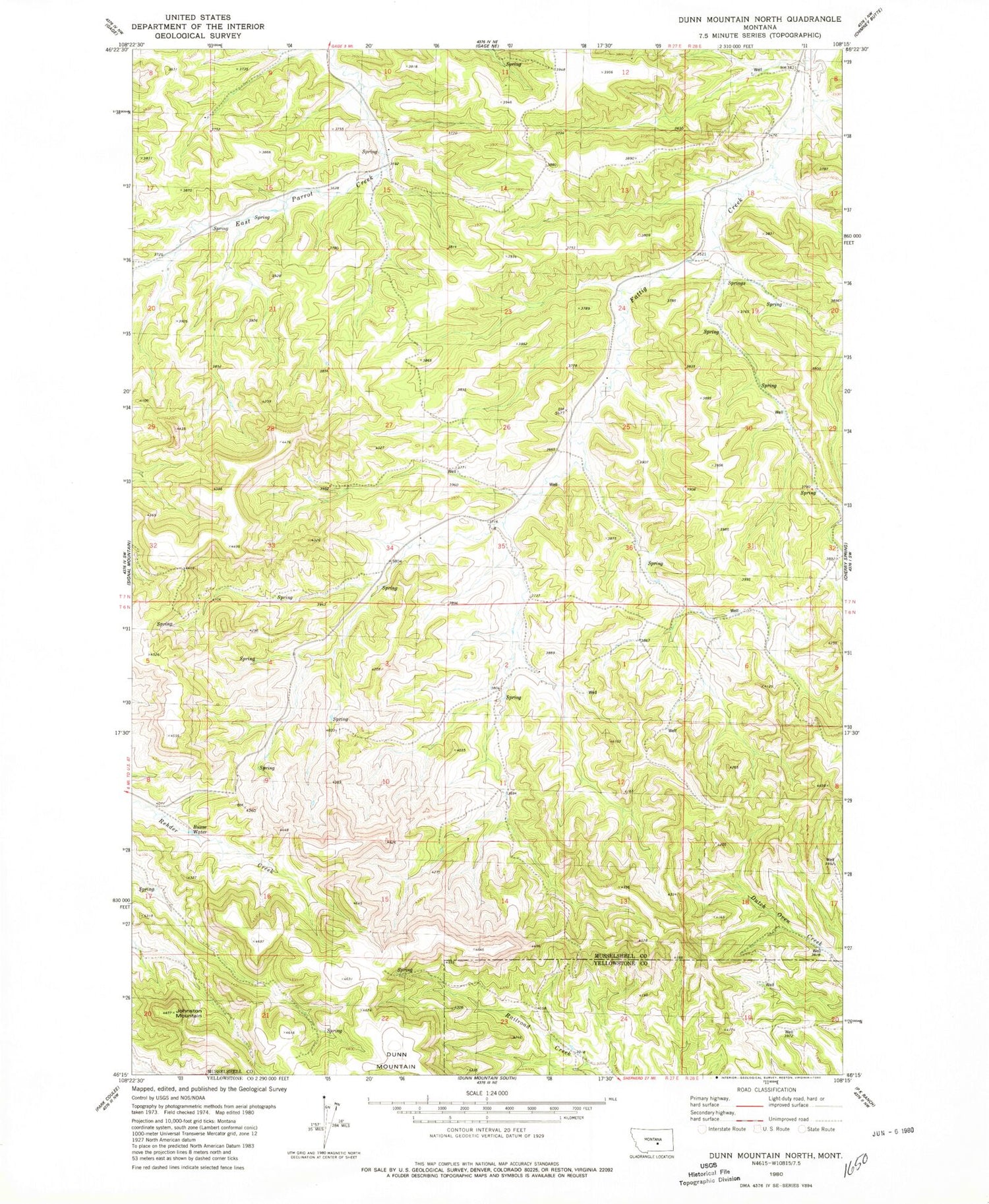Classic USGS Dunn Mountain North Montana 7.5'x7.5' Topo Map Image