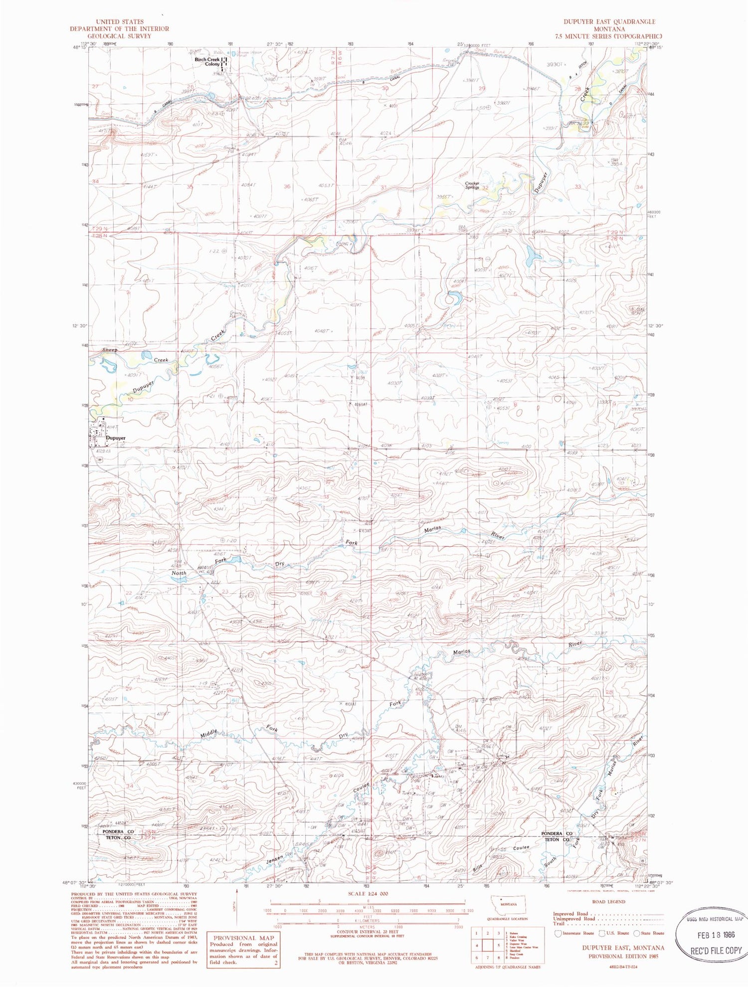 Classic USGS Dupuyer East Montana 7.5'x7.5' Topo Map Image