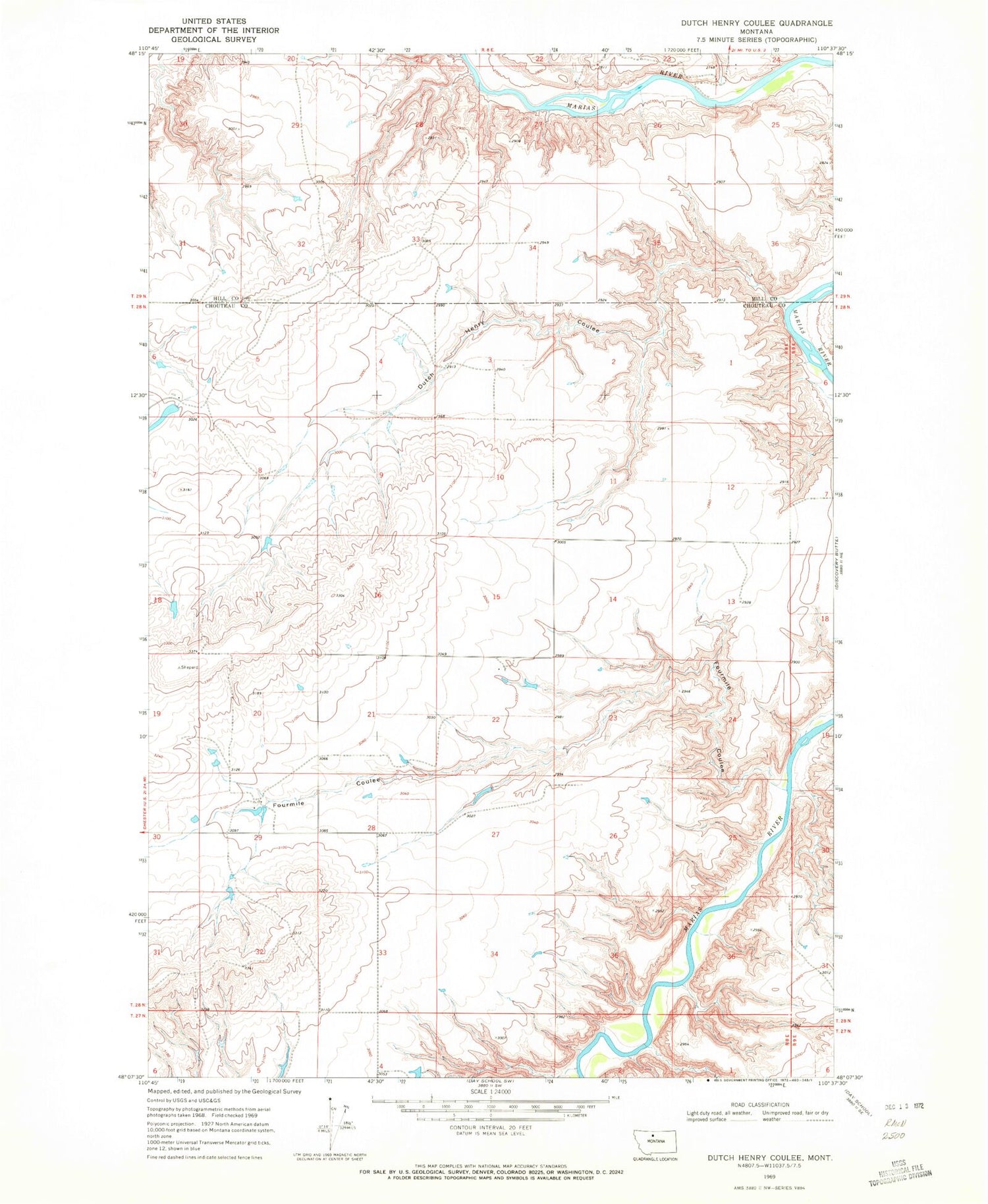 Classic USGS Dutch Henry Coulee Montana 7.5'x7.5' Topo Map Image