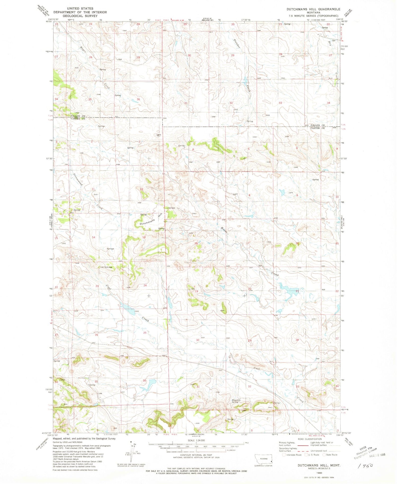 Classic USGS Dutchmans Hill Montana 7.5'x7.5' Topo Map Image