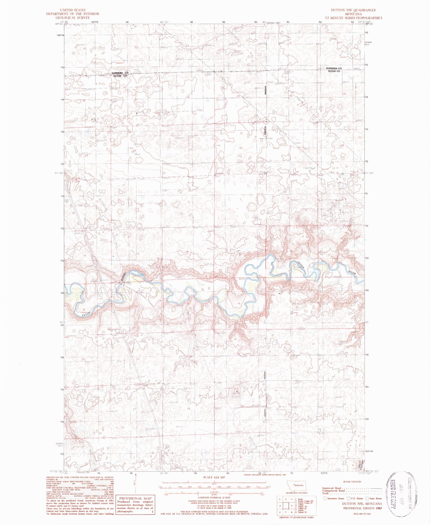 Classic USGS Dutton NW Montana 7.5'x7.5' Topo Map Image