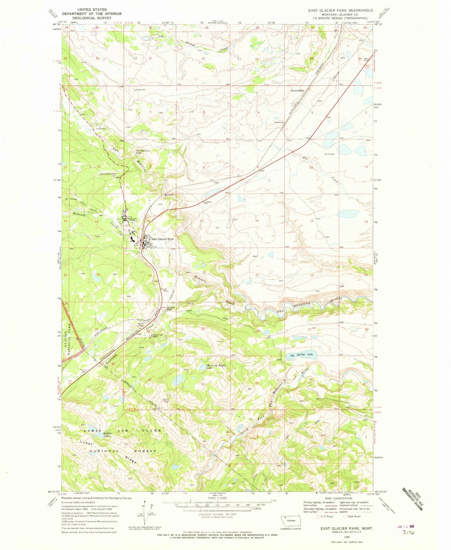 Classic USGS East Glacier Park Montana 7.5'x7.5' Topo Map Image