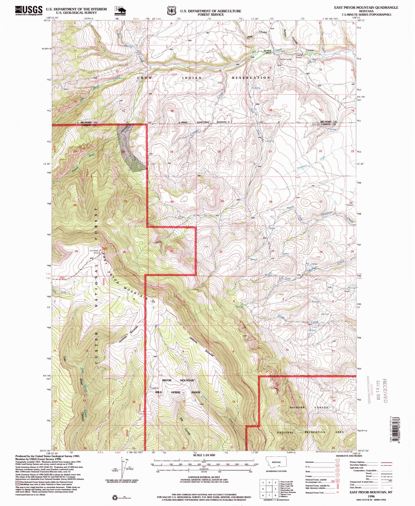 Classic USGS East Pryor Mountain Montana 7.5'x7.5' Topo Map Image