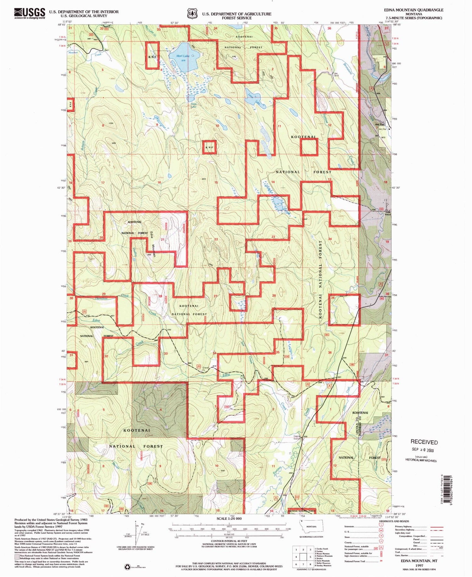 Classic USGS Edna Mountain Montana 7.5'x7.5' Topo Map Image