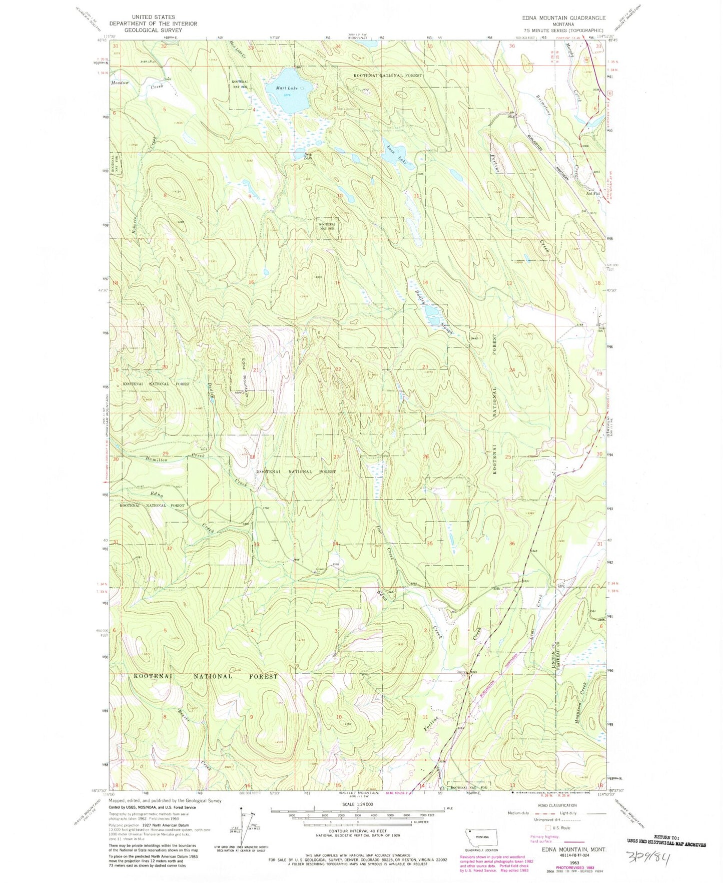 Classic USGS Edna Mountain Montana 7.5'x7.5' Topo Map Image