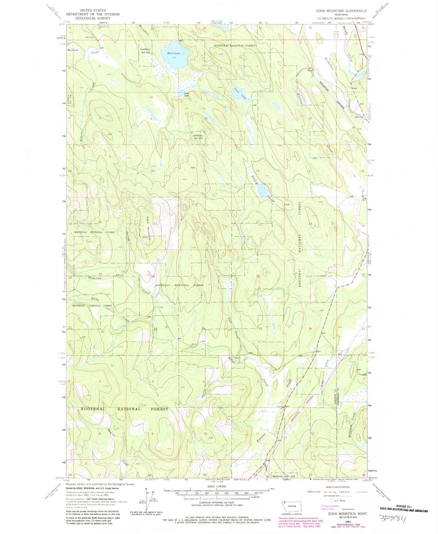 Classic USGS Edna Mountain Montana 7.5'x7.5' Topo Map Image