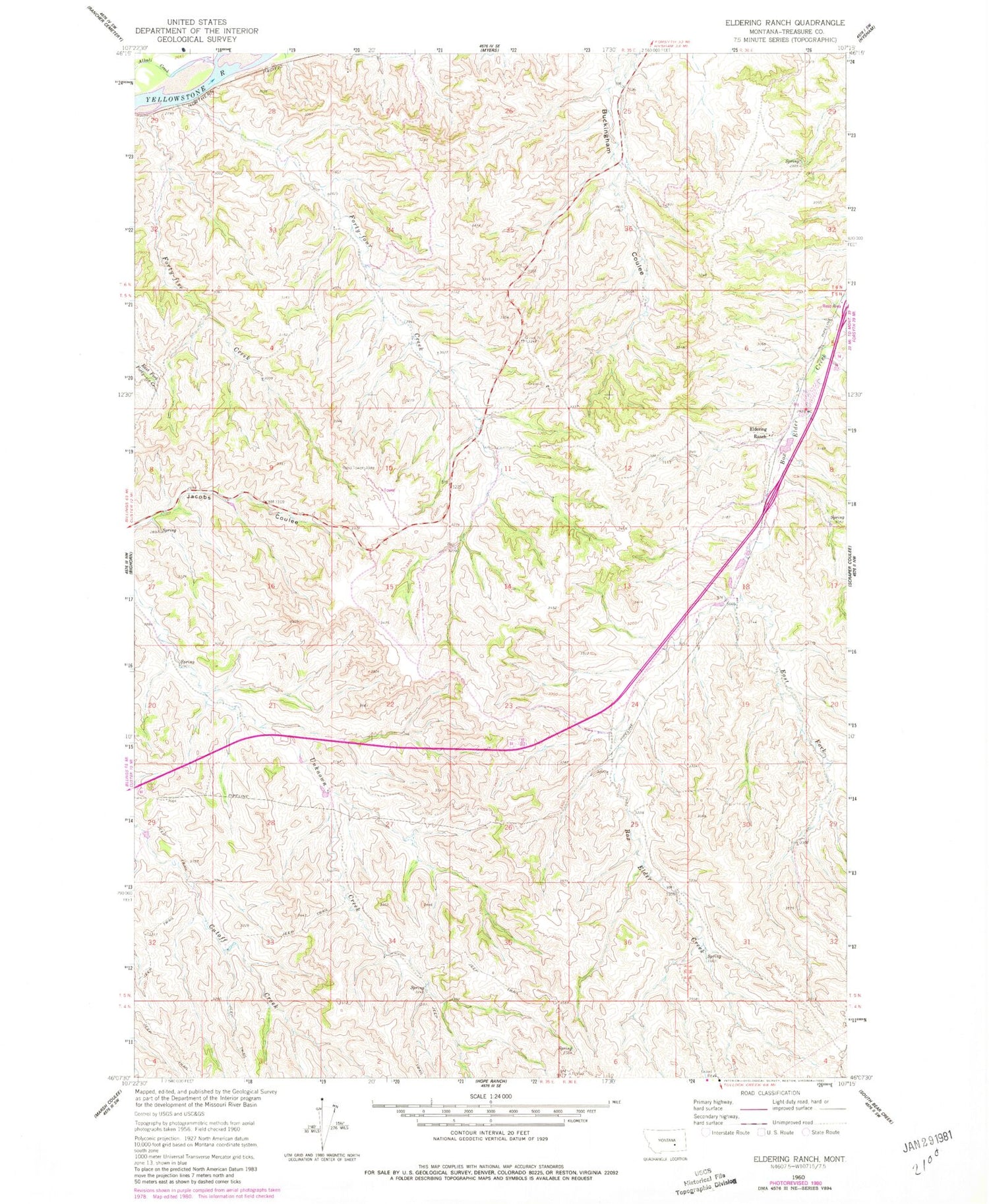 Classic USGS Eldering Ranch Montana 7.5'x7.5' Topo Map Image