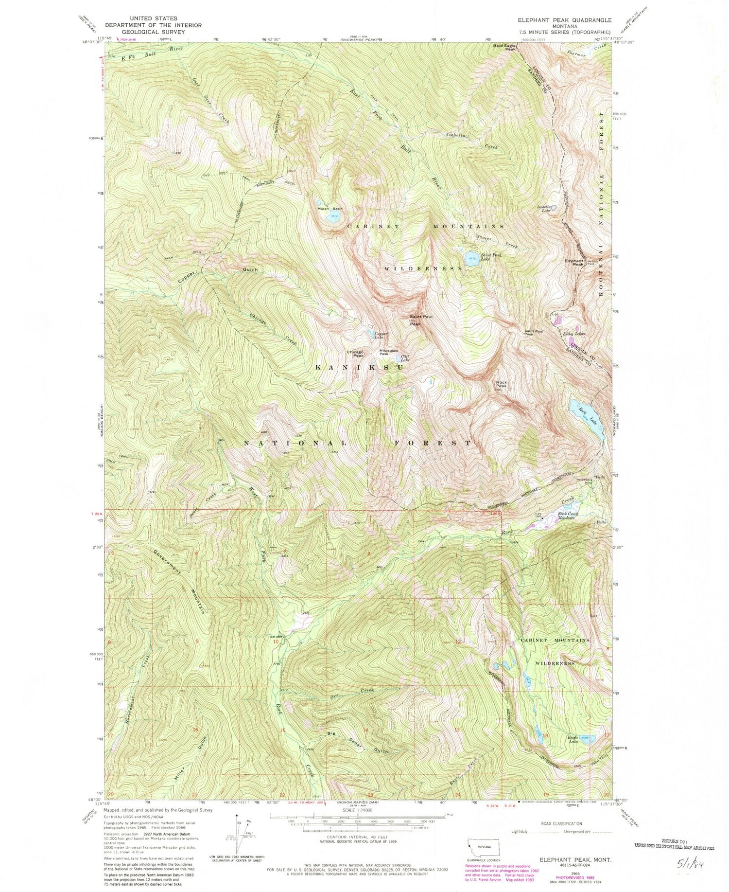 Classic USGS Elephant Peak Montana 7.5'x7.5' Topo Map Image
