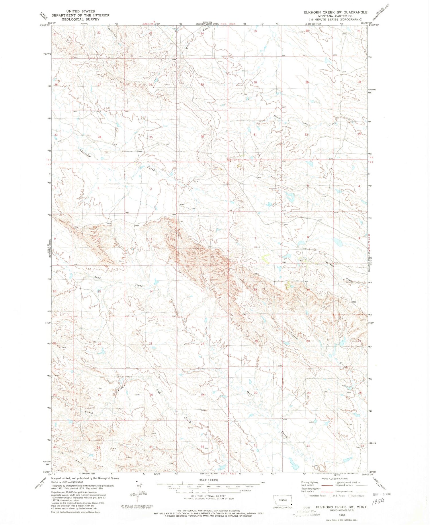 Classic USGS Elkhorn Creek SW Montana 7.5'x7.5' Topo Map Image