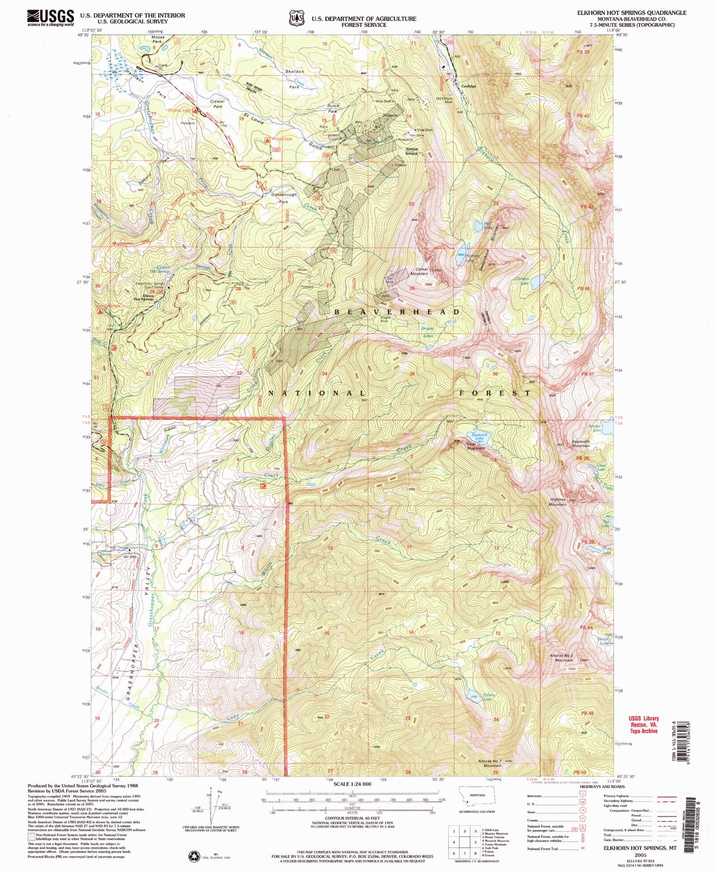 Classic USGS Elkhorn Hot Springs Montana 7.5'x7.5' Topo Map Image