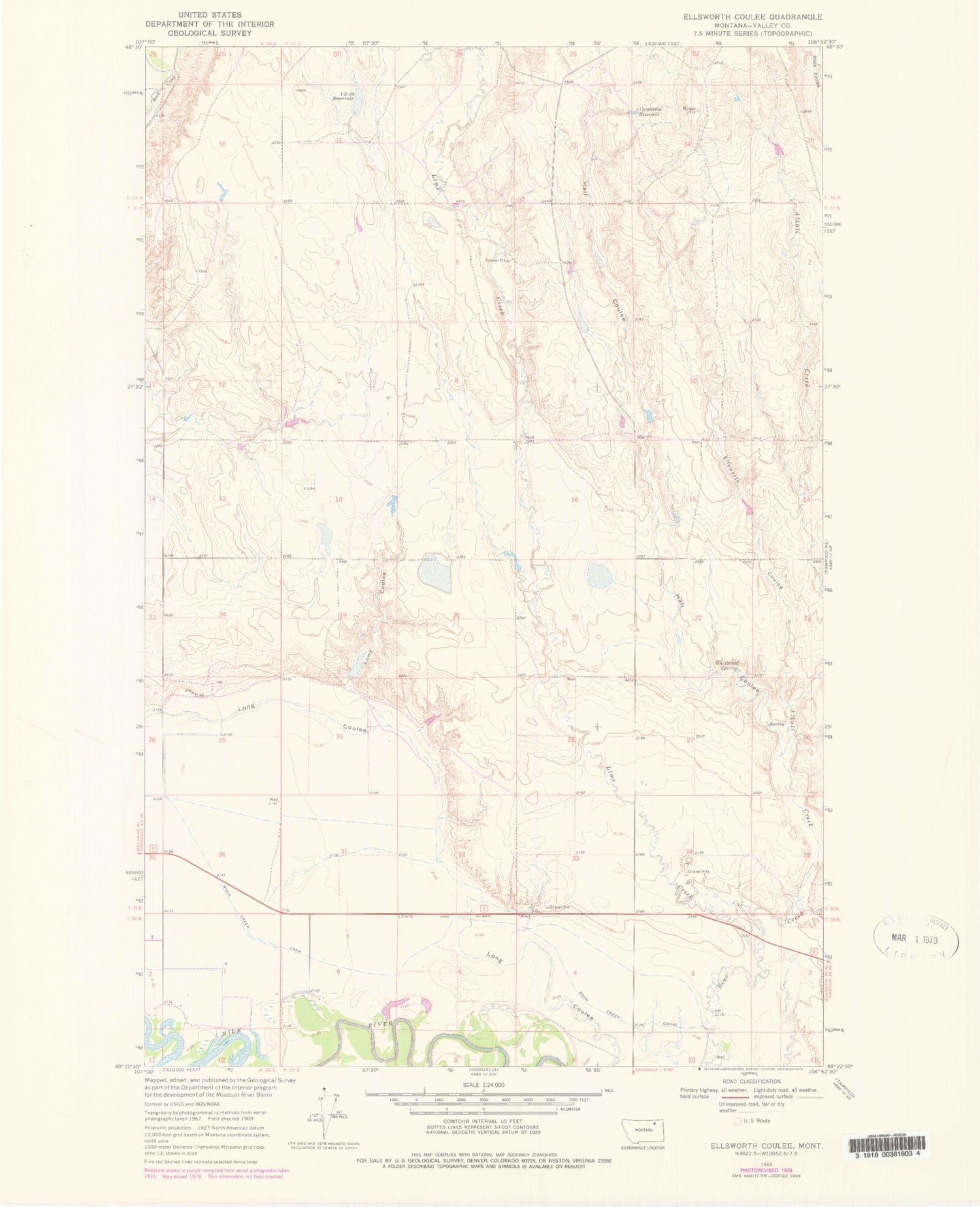 Classic USGS Ellsworth Coulee Montana 7.5'x7.5' Topo Map Image
