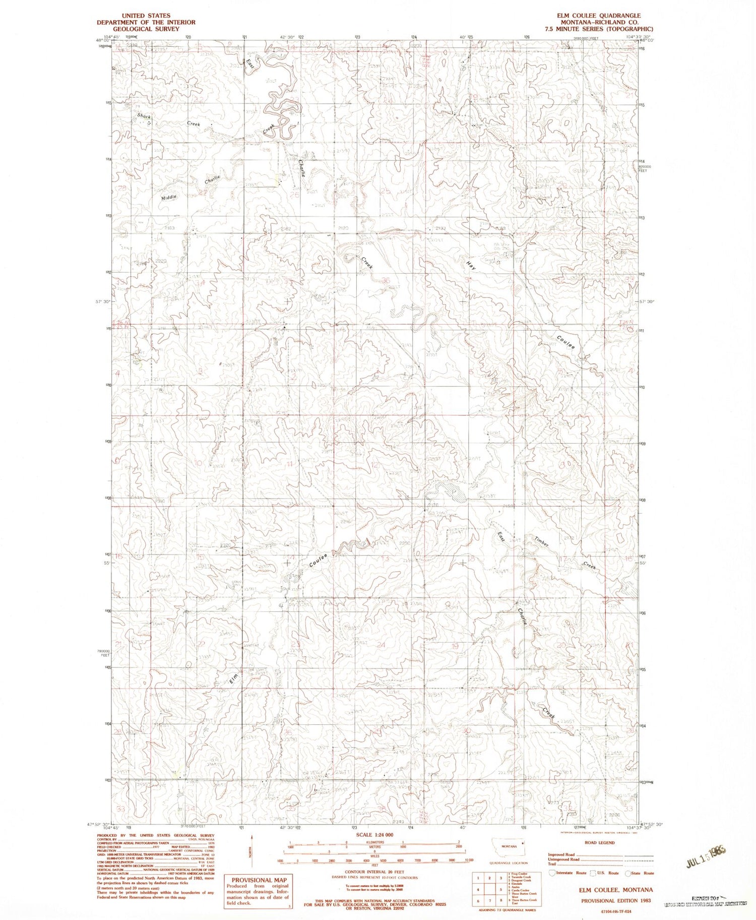 Classic USGS Elm Coulee Montana 7.5'x7.5' Topo Map Image