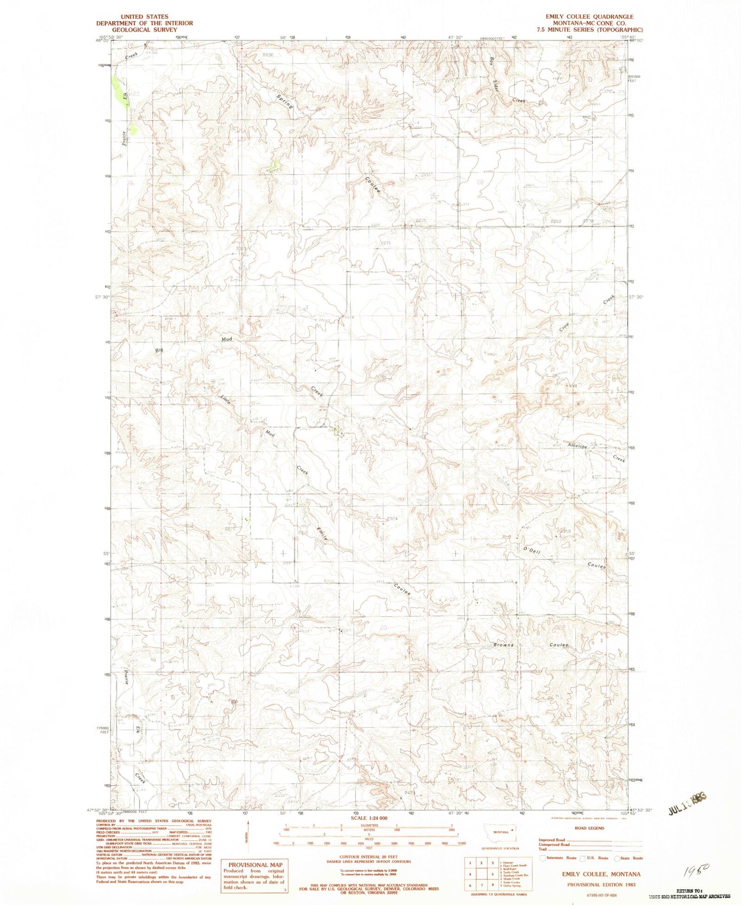 Classic USGS Emily Coulee Montana 7.5'x7.5' Topo Map Image