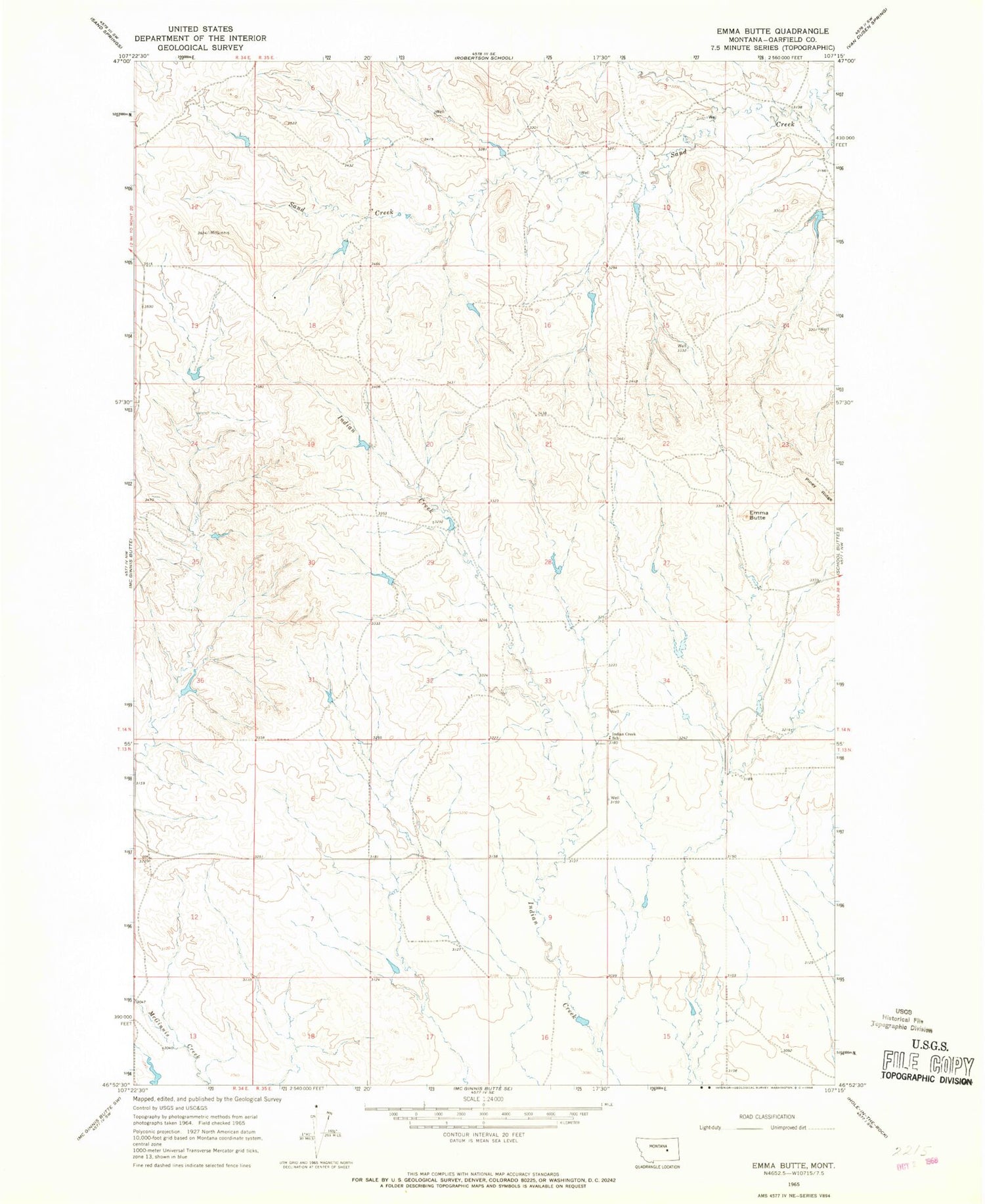 Classic USGS Emma Butte Montana 7.5'x7.5' Topo Map Image