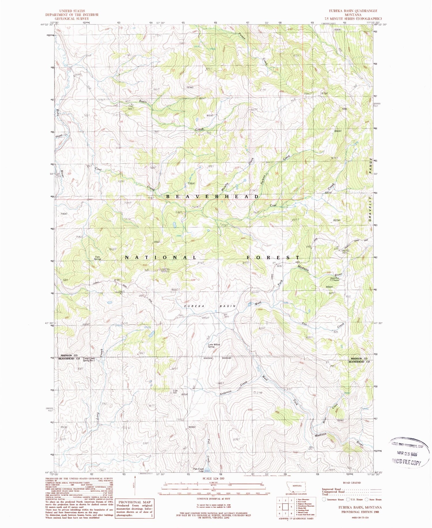 Classic USGS Eureka Basin Montana 7.5'x7.5' Topo Map Image