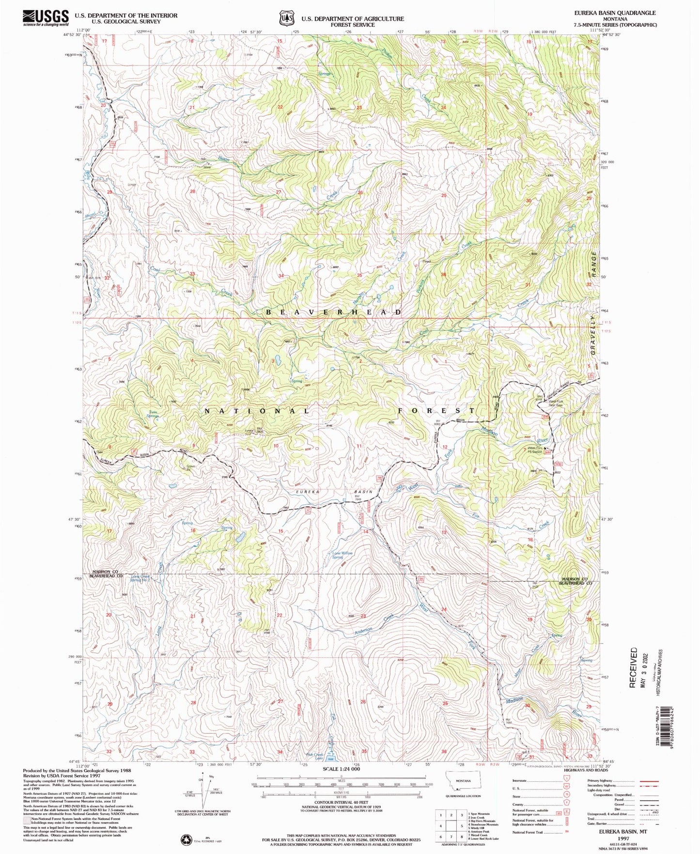 Classic USGS Eureka Basin Montana 7.5'x7.5' Topo Map Image
