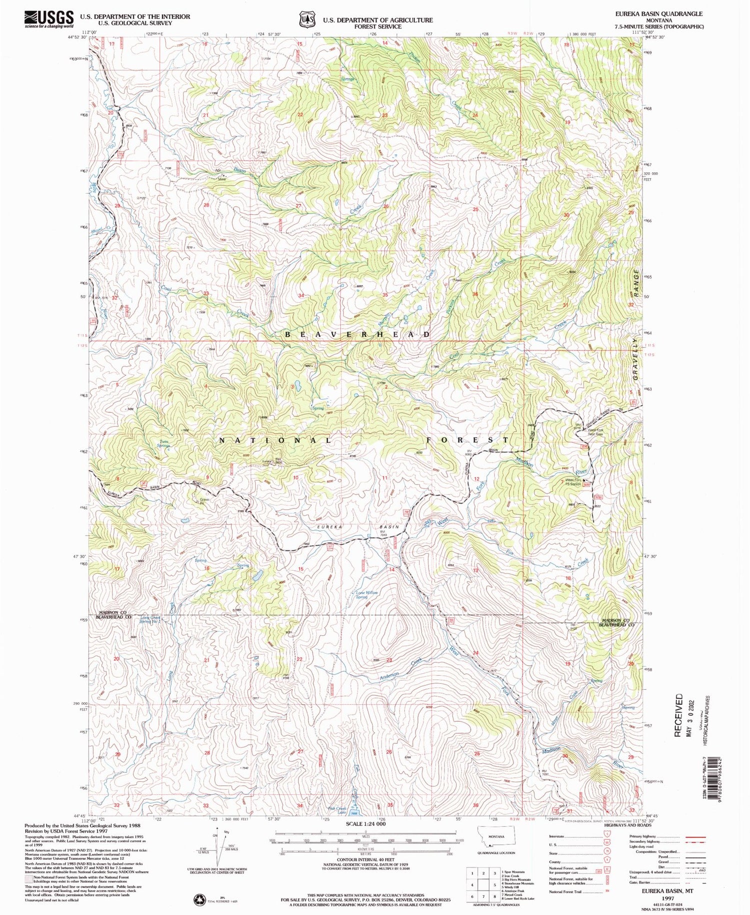 Classic USGS Eureka Basin Montana 7.5'x7.5' Topo Map Image