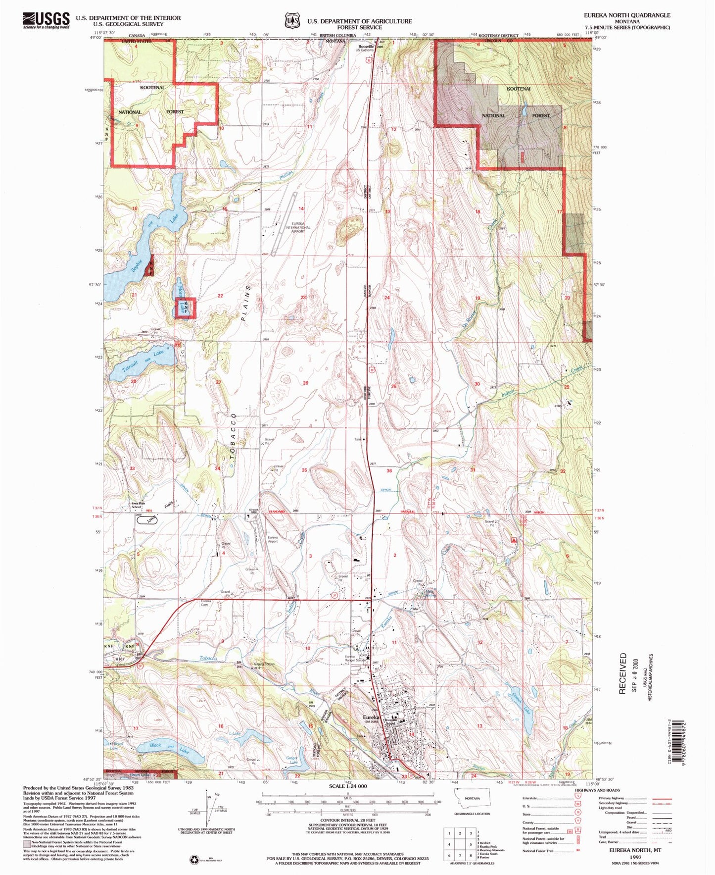 Classic USGS Eureka North Montana 7.5'x7.5' Topo Map Image
