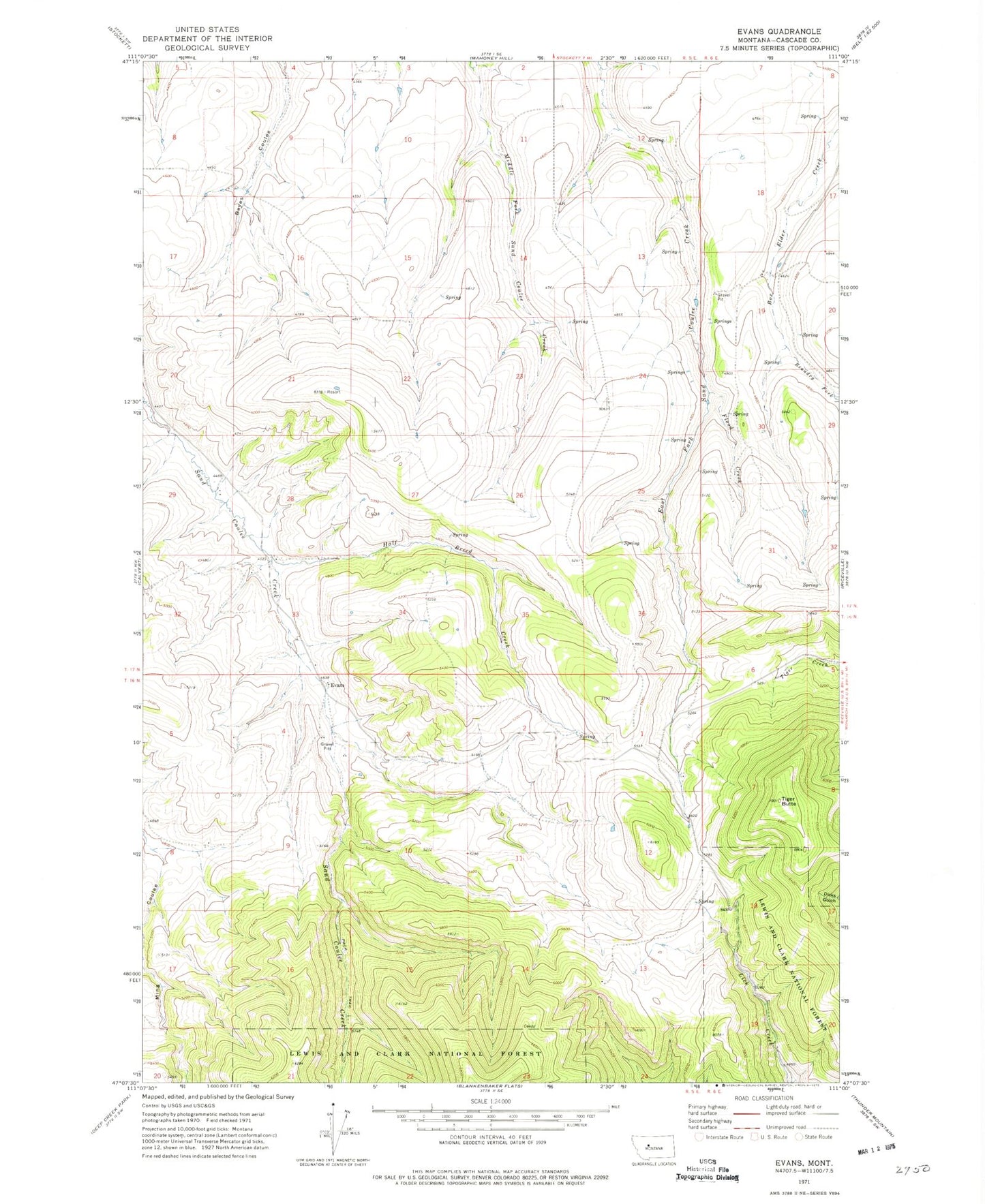 Classic USGS Evans Montana 7.5'x7.5' Topo Map Image