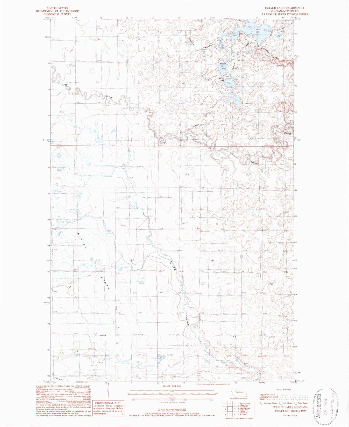 Classic USGS Eyraud Lakes Montana 7.5'x7.5' Topo Map Image