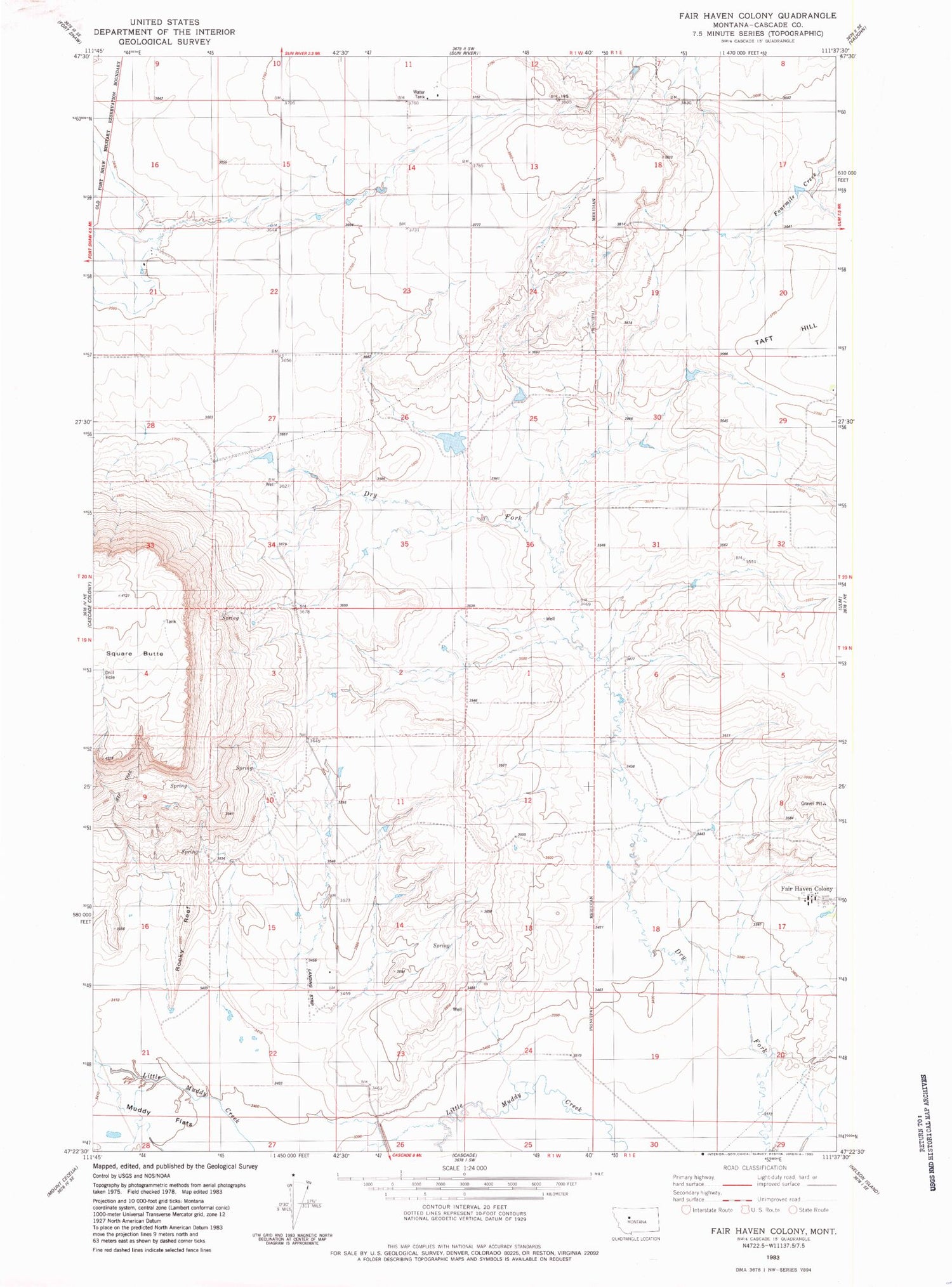 Classic USGS Fair Haven Colony Montana 7.5'x7.5' Topo Map Image