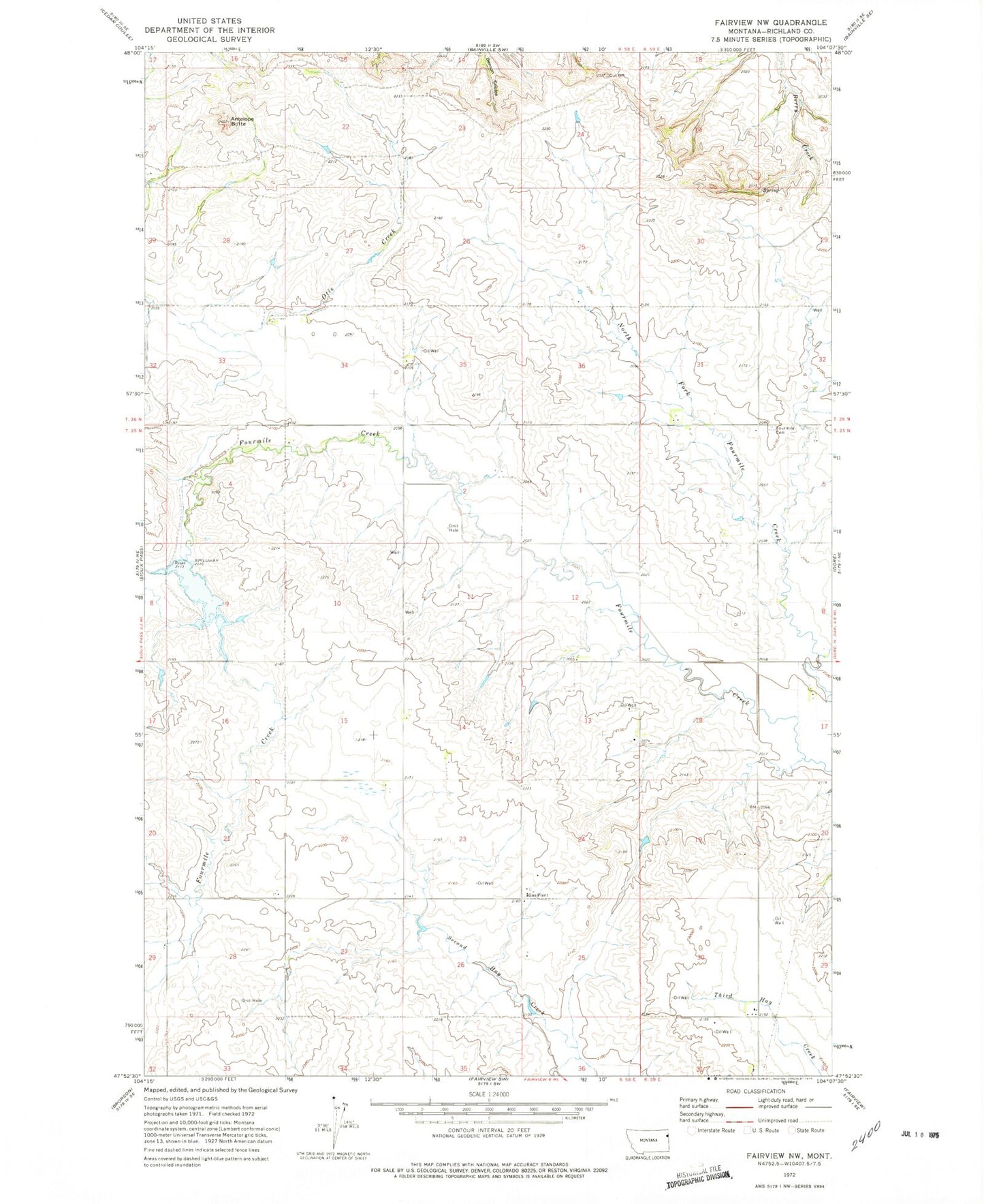 Classic USGS Fairview NW Montana 7.5'x7.5' Topo Map Image