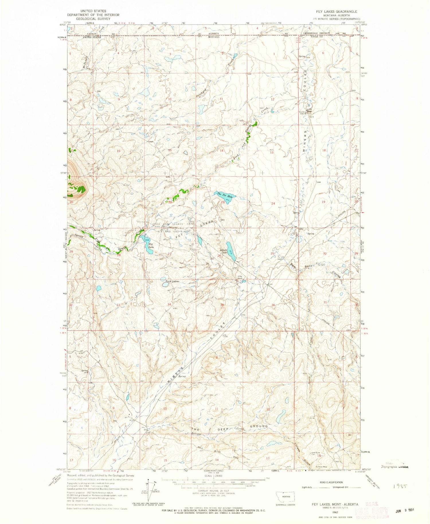 Classic USGS Fey Lakes Montana 7.5'x7.5' Topo Map Image