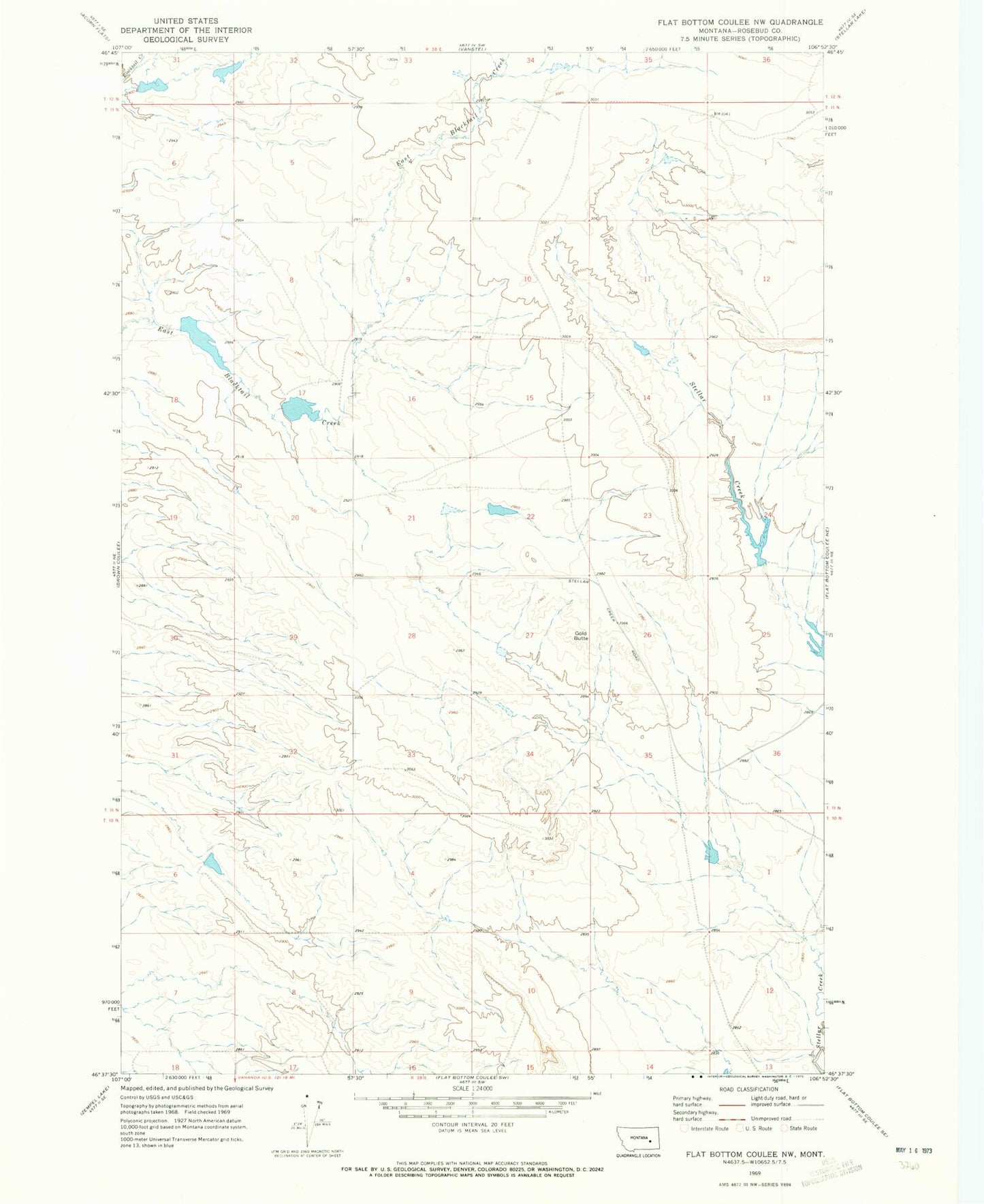 Classic USGS Flat Bottom Coulee NW Montana 7.5'x7.5' Topo Map Image