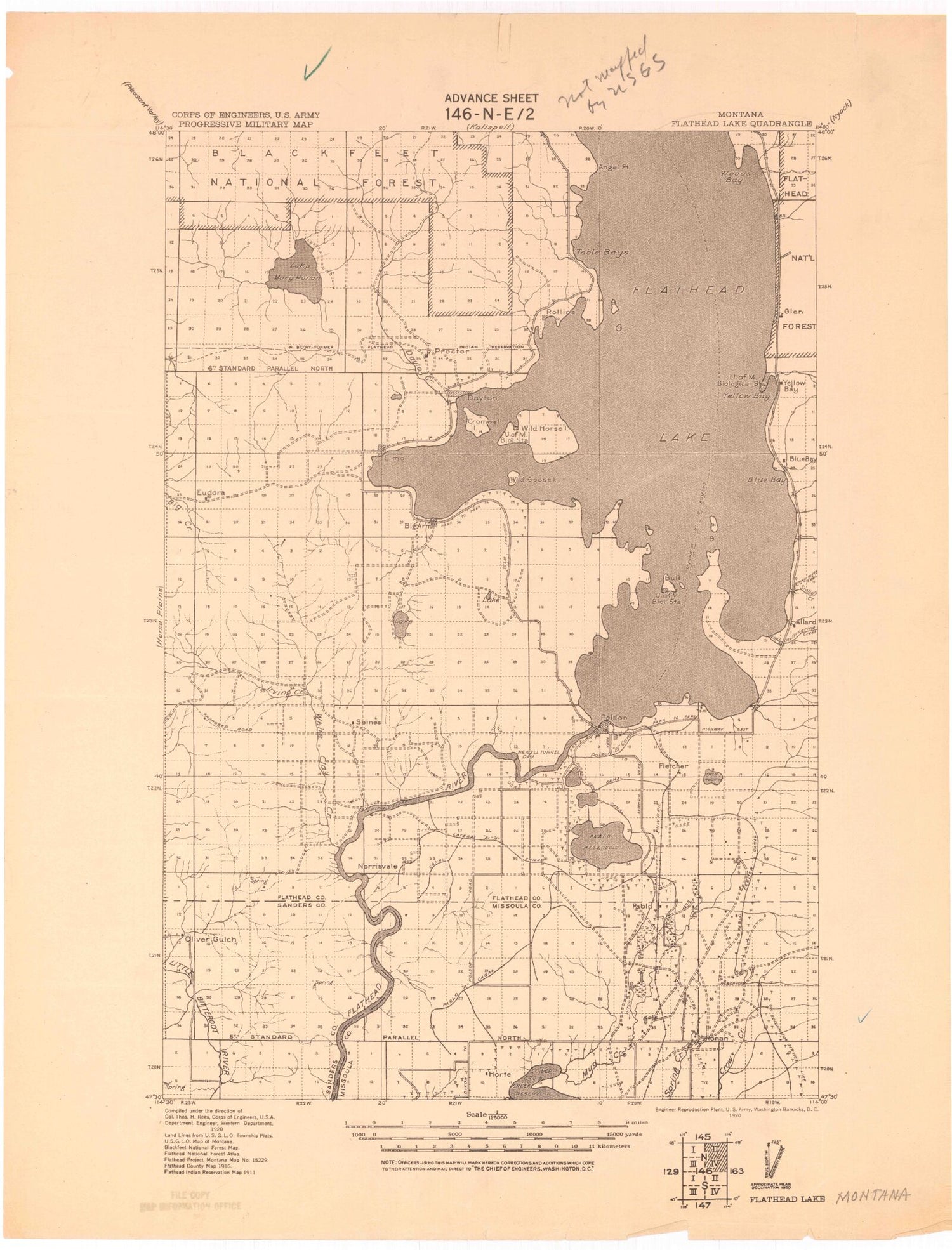 Historic 1920 Flathead Lake Montana 30'x30' Topo Map Image