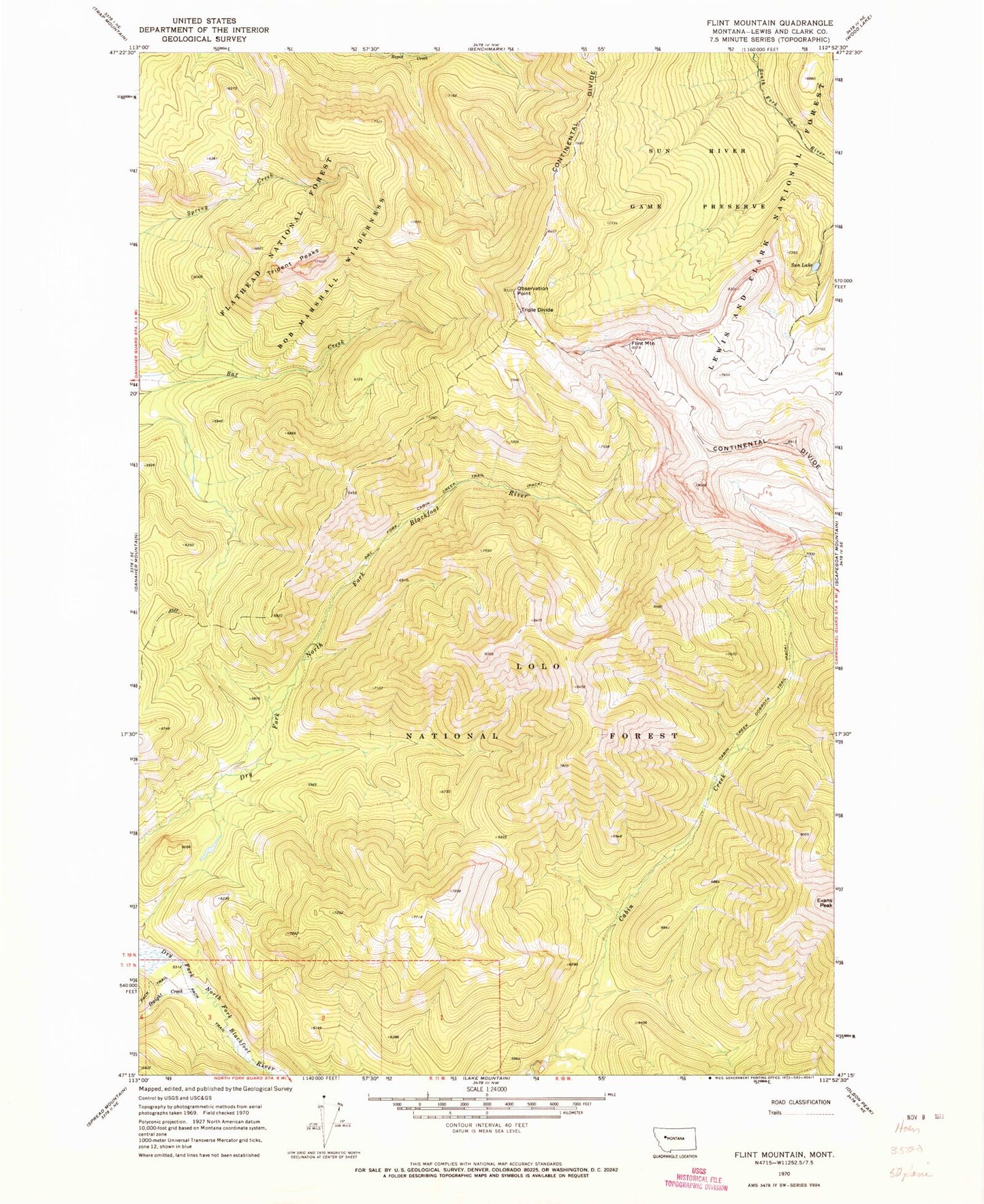 Classic USGS Flint Mountain Montana 7.5'x7.5' Topo Map Image