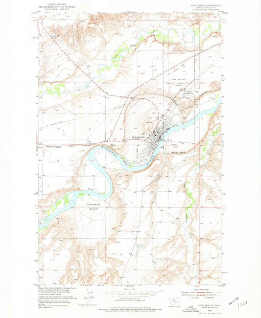 Classic USGS Fort Benton Montana 7.5'x7.5' Topo Map Image