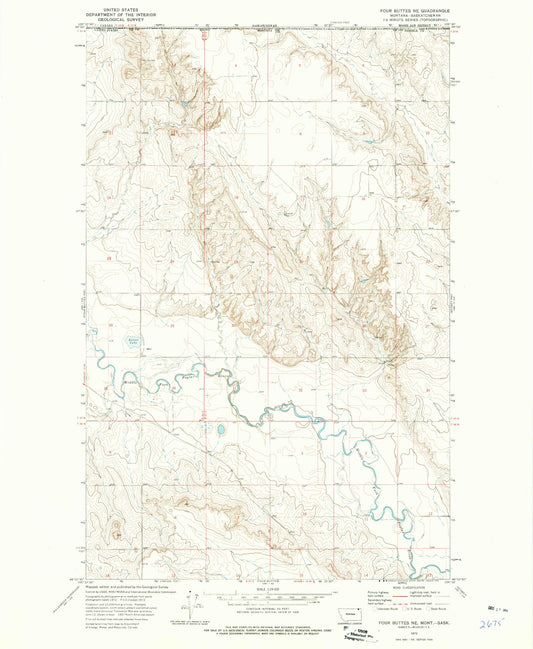 Classic USGS Four Buttes NE Montana 7.5'x7.5' Topo Map Image