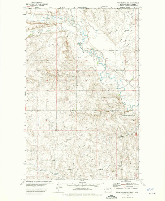 Classic USGS Four Buttes NW Montana 7.5'x7.5' Topo Map Image