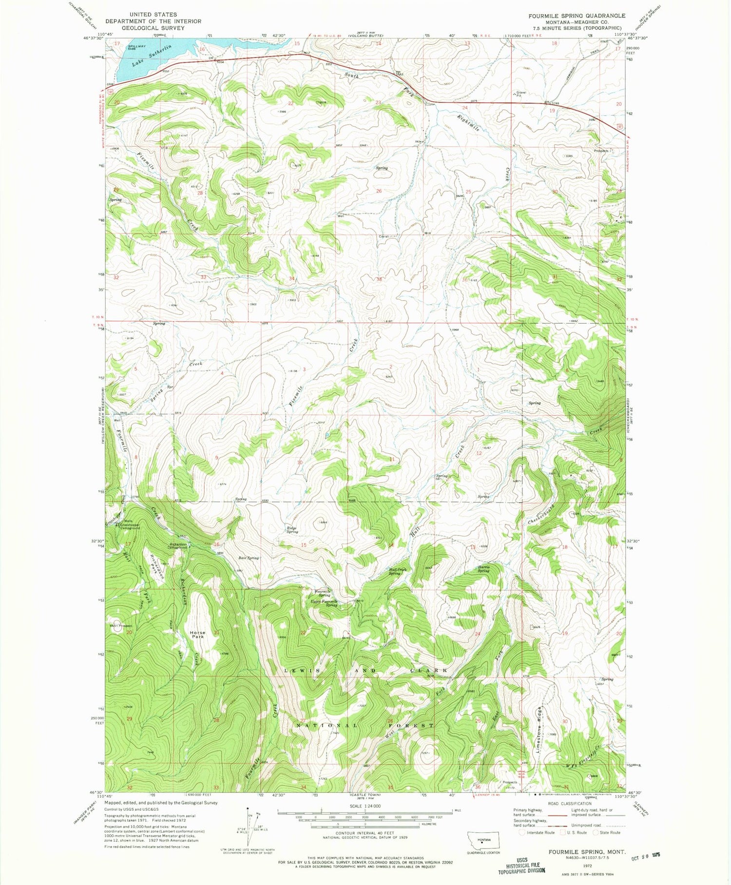 Classic USGS Fourmile Spring Montana 7.5'x7.5' Topo Map Image