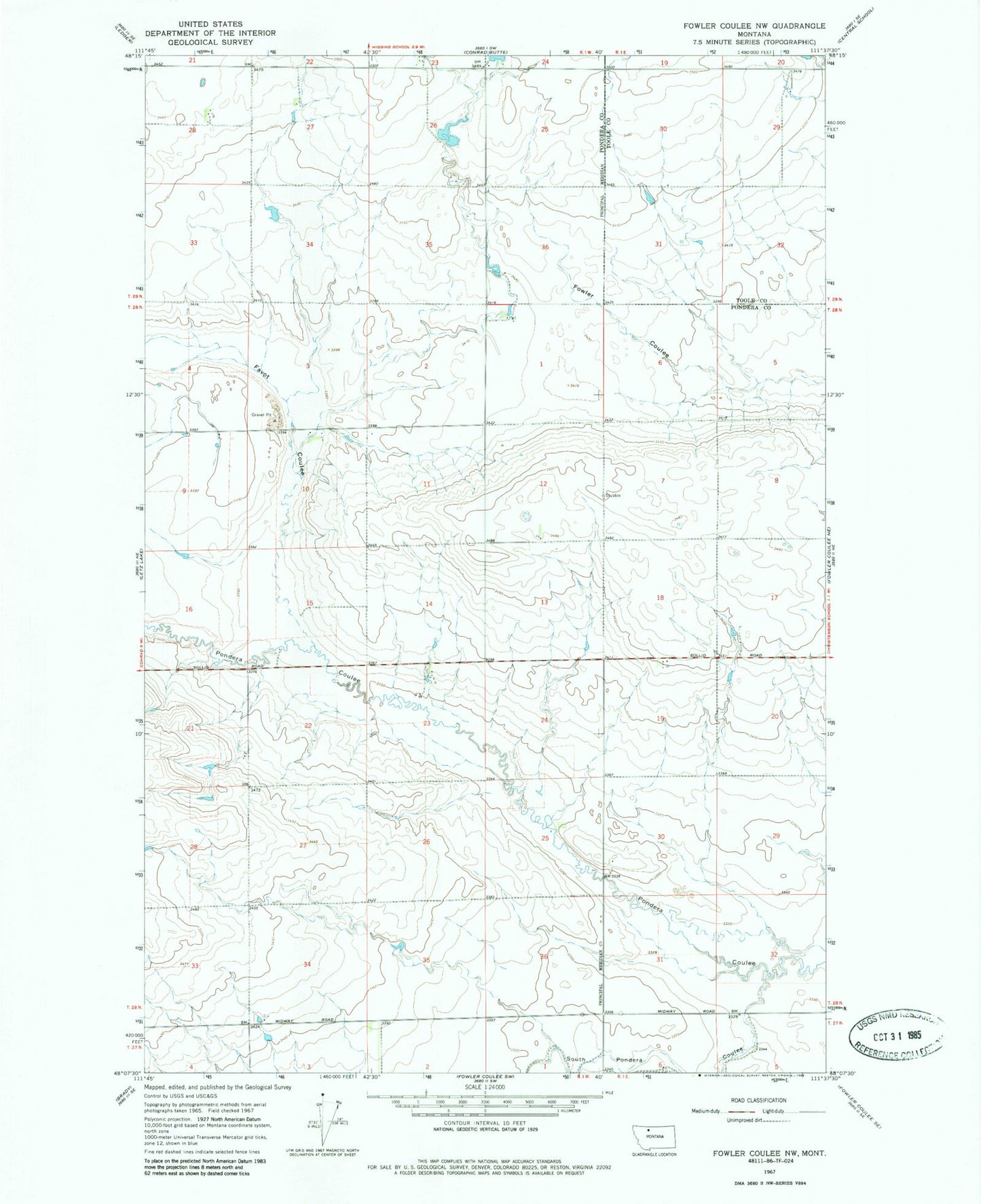 Classic USGS Fowler Coulee NW Montana 7.5'x7.5' Topo Map Image