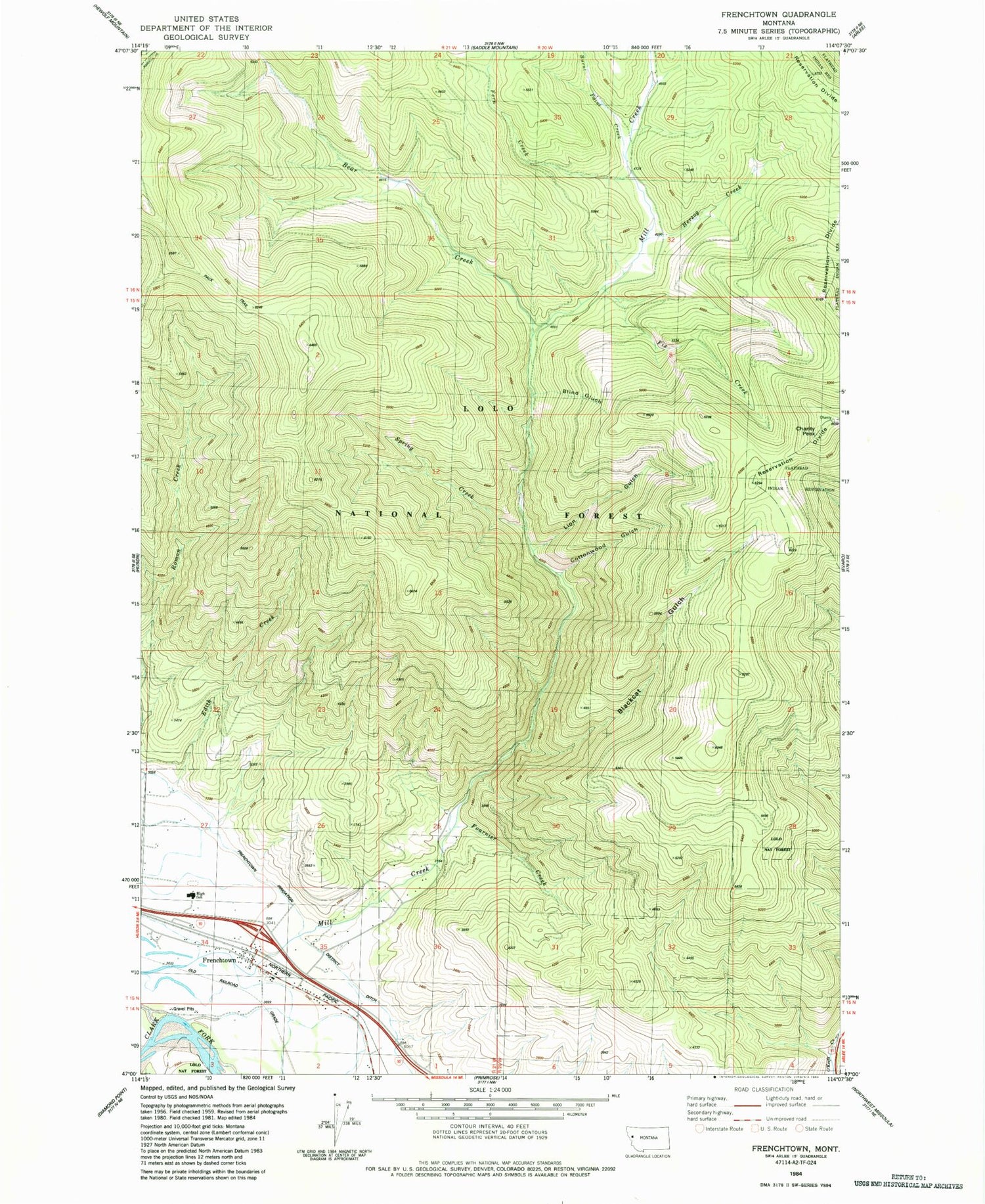 Classic USGS Frenchtown Montana 7.5'x7.5' Topo Map Image