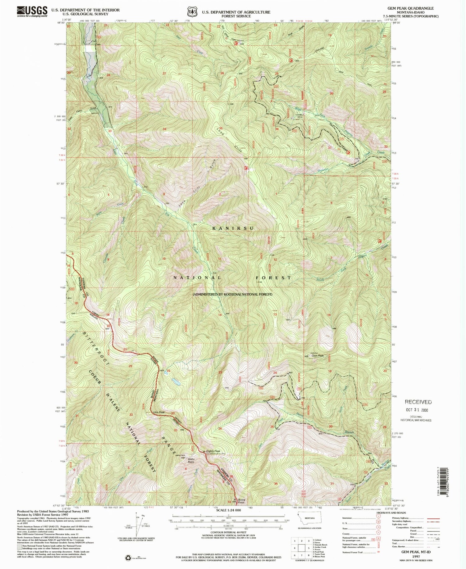 Classic USGS Gem Peak Montana 7.5'x7.5' Topo Map Image