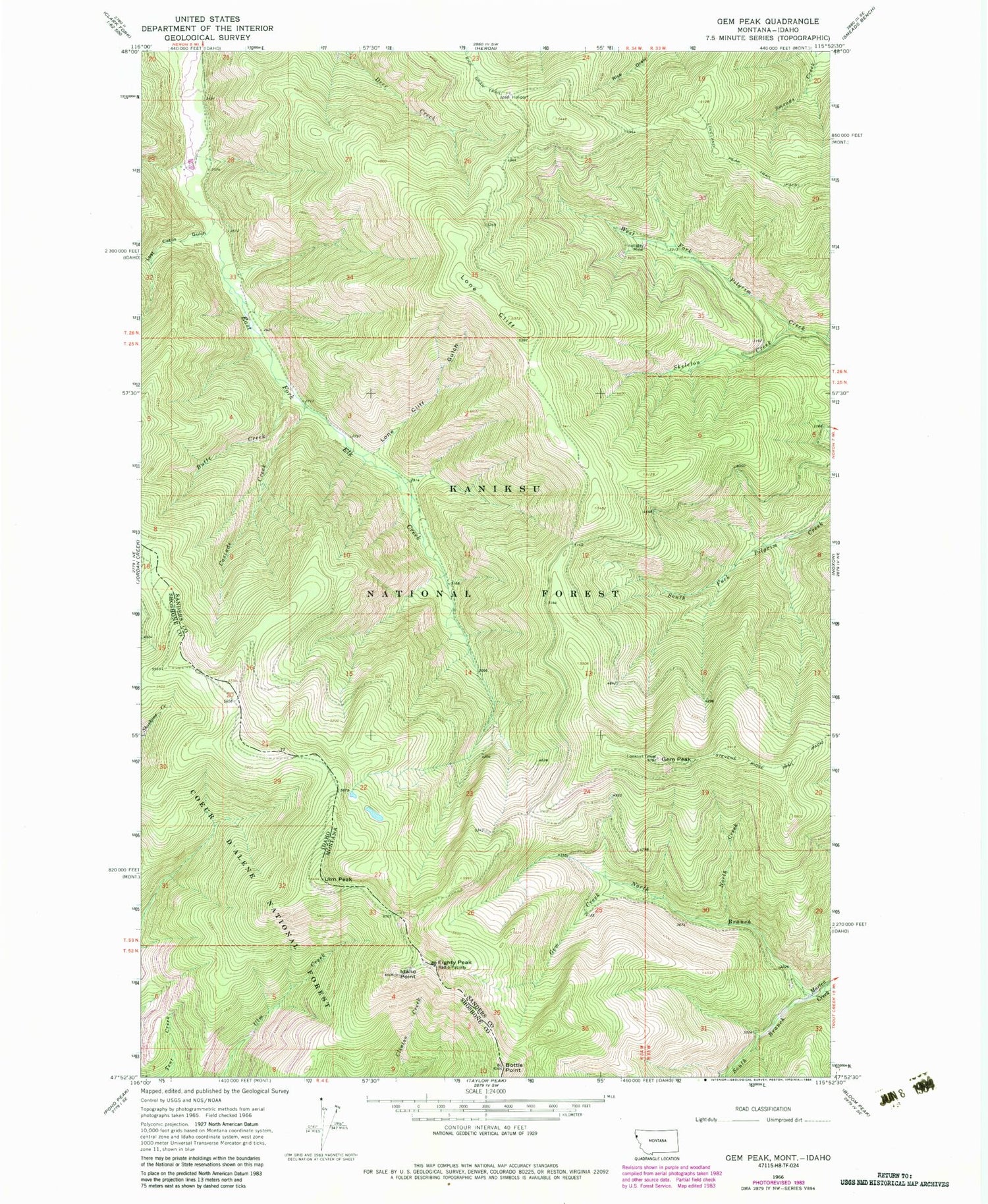 Classic USGS Gem Peak Montana 7.5'x7.5' Topo Map Image